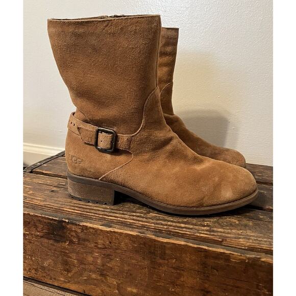 UGG Keppler Chestnut Brown Suede Moto Boots Sheep Wool Lined Heeled Sz 10 Boho - Picture 1 of 14